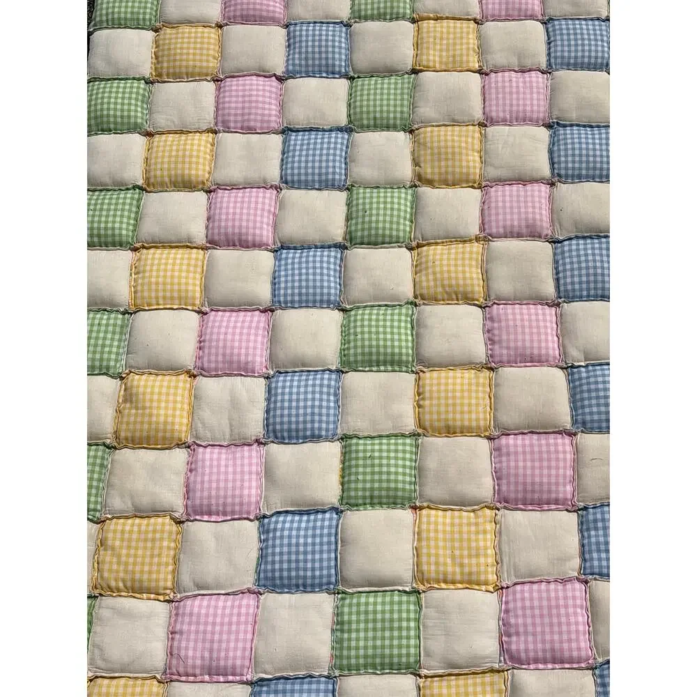 Vintage Handmade 55”x85” Puff Square patchwork quilt blanket large throw checker
